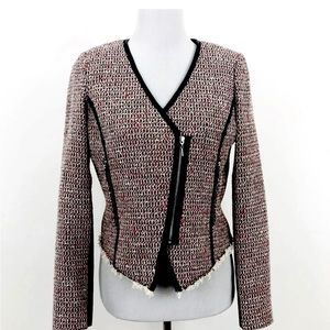 Rebecca Taylor Cutaway Leather Trim Tweed Jacket Sz 2